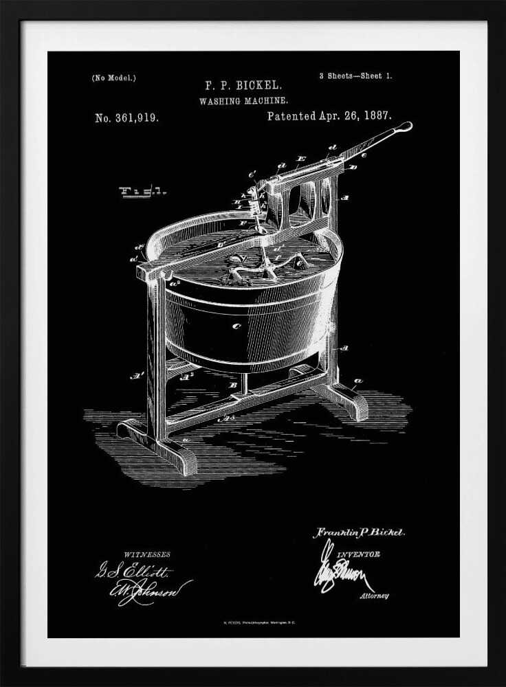 A framed, black and white patent illustration for a washing machine, invented by F. P. Bickel and patented on April 26, 1887. The technical drawing shows a tub on a stand with a hand-cranked agitator mechanism, rendered in white lines on a black background. Print