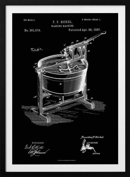A framed, black and white patent illustration for a washing machine, invented by F. P. Bickel and patented on April 26, 1887. The technical drawing shows a tub on a stand with a hand-cranked agitator mechanism, rendered in white lines on a black background. Print