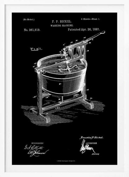 A framed, black and white patent illustration for a washing machine, invented by F. P. Bickel and patented on April 26, 1887. The technical drawing shows a tub on a stand with a hand-cranked agitator mechanism, rendered in white lines on a black background. Print