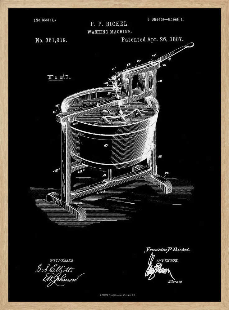 A framed, black and white patent illustration for a washing machine, invented by F. P. Bickel and patented on April 26, 1887. The technical drawing shows a tub on a stand with a hand-cranked agitator mechanism, rendered in white lines on a black background. Print