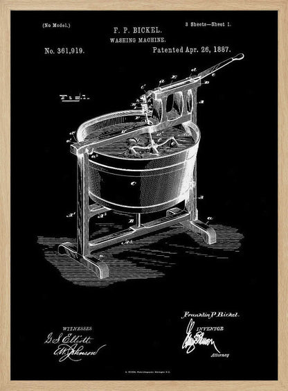 A framed, black and white patent illustration for a washing machine, invented by F. P. Bickel and patented on April 26, 1887. The technical drawing shows a tub on a stand with a hand-cranked agitator mechanism, rendered in white lines on a black background. Print