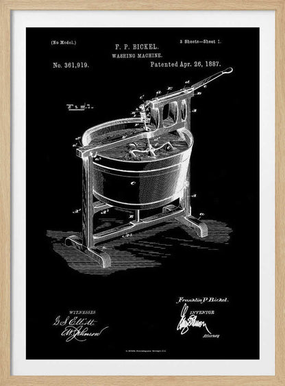 A framed, black and white patent illustration for a washing machine, invented by F. P. Bickel and patented on April 26, 1887. The technical drawing shows a tub on a stand with a hand-cranked agitator mechanism, rendered in white lines on a black background. Print