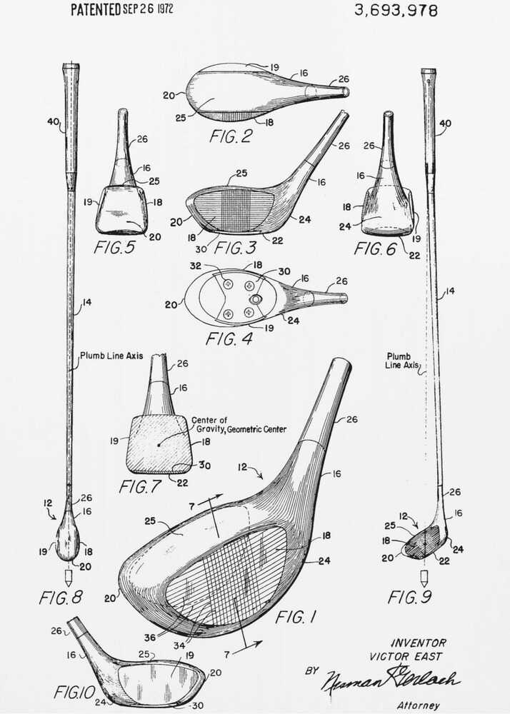 A framed black and white print of a 1972 patent for a golf club, showing detailed technical drawings and diagrams of the club head and shaft from multiple angles. Artwork