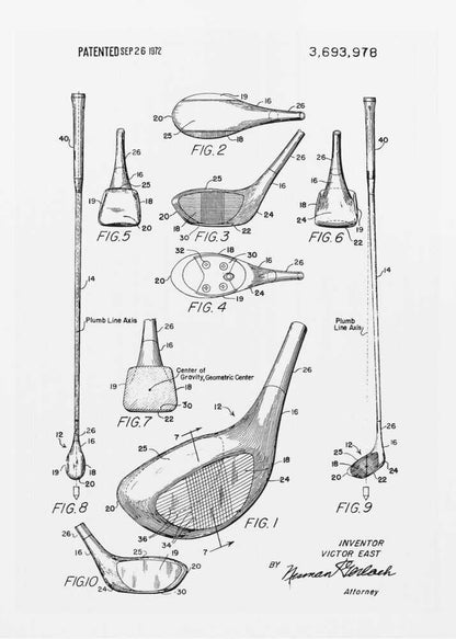 A framed black and white print of a 1972 patent for a golf club, showing detailed technical drawings and diagrams of the club head and shaft from multiple angles. Artwork