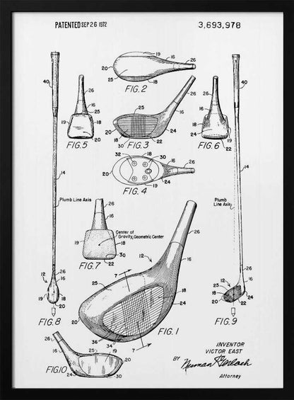 A framed black and white print of a 1972 patent for a golf club, showing detailed technical drawings and diagrams of the club head and shaft from multiple angles. Artwork