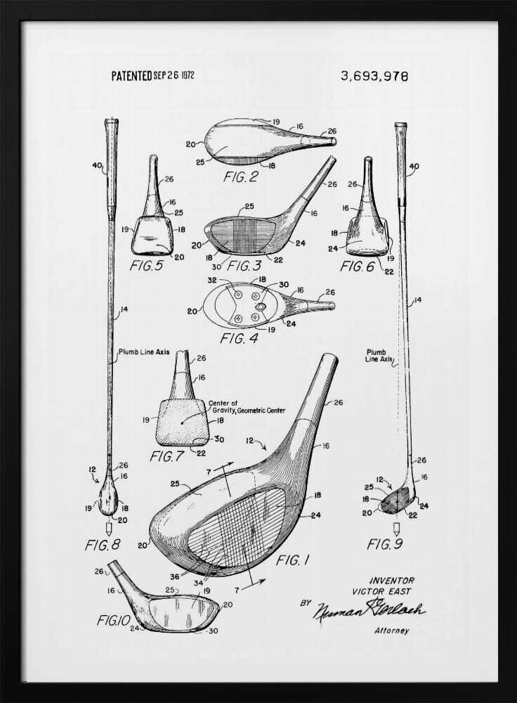 A framed black and white print of a 1972 patent for a golf club, showing detailed technical drawings and diagrams of the club head and shaft from multiple angles. Artwork