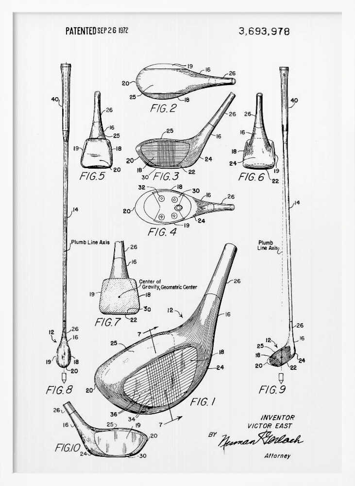 A framed black and white print of a 1972 patent for a golf club, showing detailed technical drawings and diagrams of the club head and shaft from multiple angles. Artwork