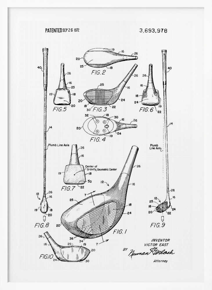 A framed black and white print of a 1972 patent for a golf club, showing detailed technical drawings and diagrams of the club head and shaft from multiple angles. Artwork