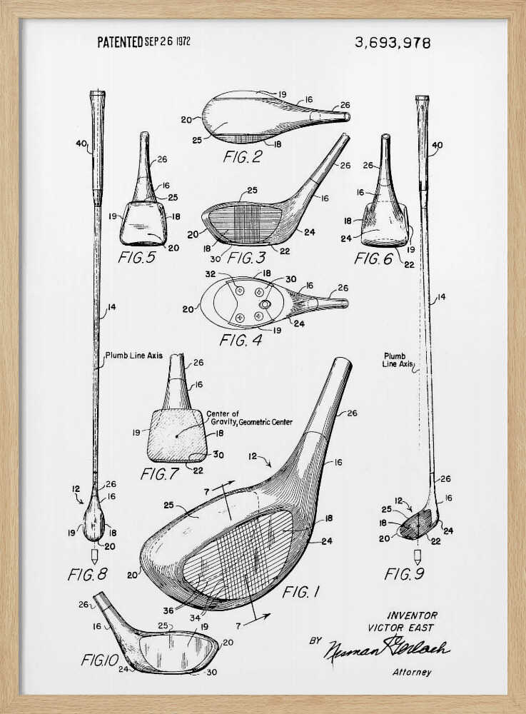 A framed black and white print of a 1972 patent for a golf club, showing detailed technical drawings and diagrams of the club head and shaft from multiple angles. Artwork