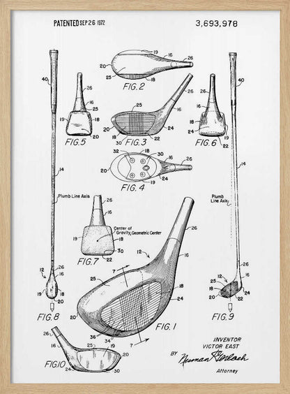 A framed black and white print of a 1972 patent for a golf club, showing detailed technical drawings and diagrams of the club head and shaft from multiple angles. Artwork