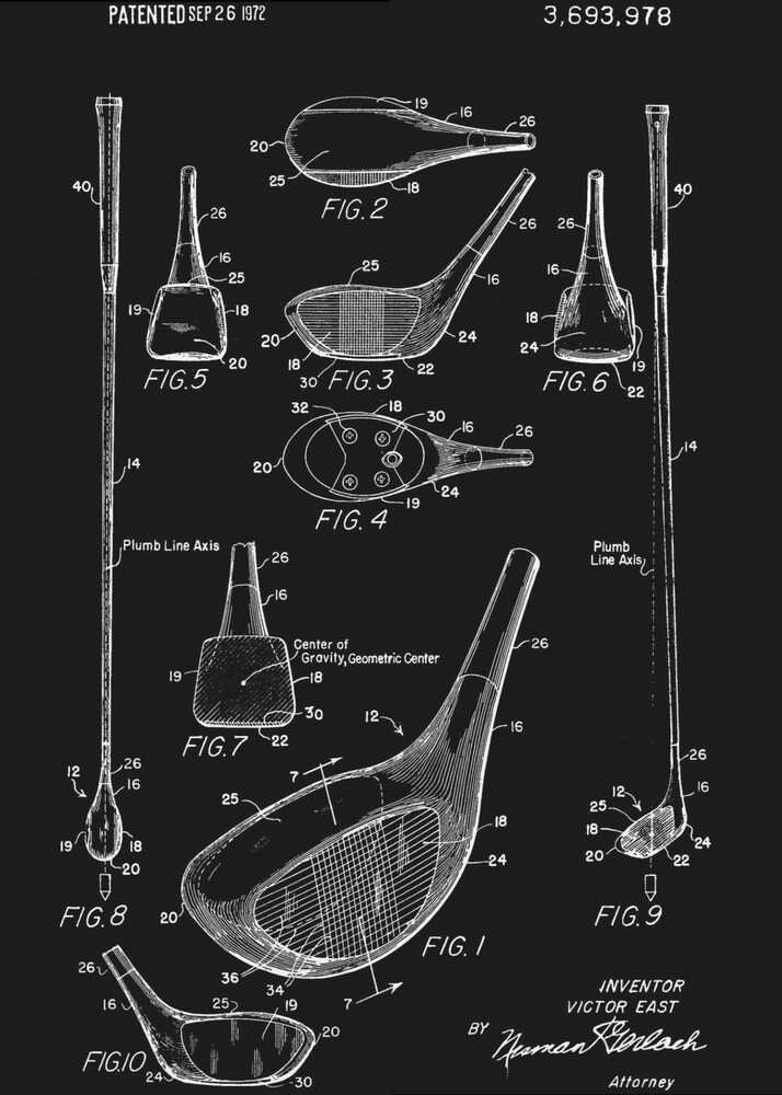 A framed black and white patent illustration of a golf club, dated 1972. The poster displays multiple technical drawings of the club head and shaft from various angles, labeled with figure numbers and part identifiers against a black background. Artwork