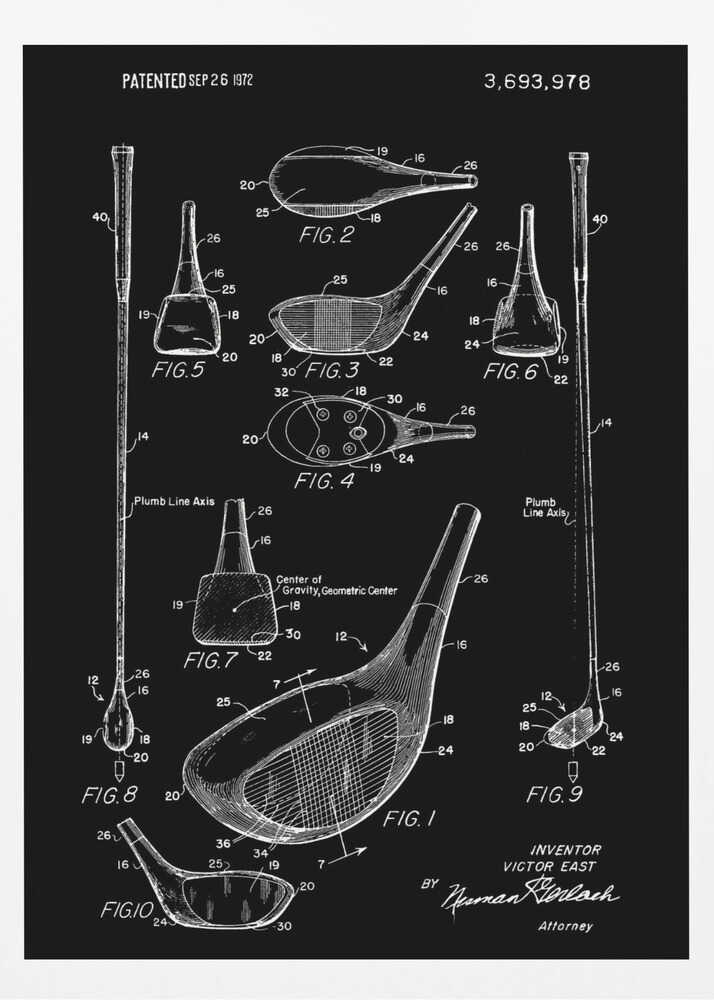 A framed black and white patent illustration of a golf club, dated 1972. The poster displays multiple technical drawings of the club head and shaft from various angles, labeled with figure numbers and part identifiers against a black background. Artwork