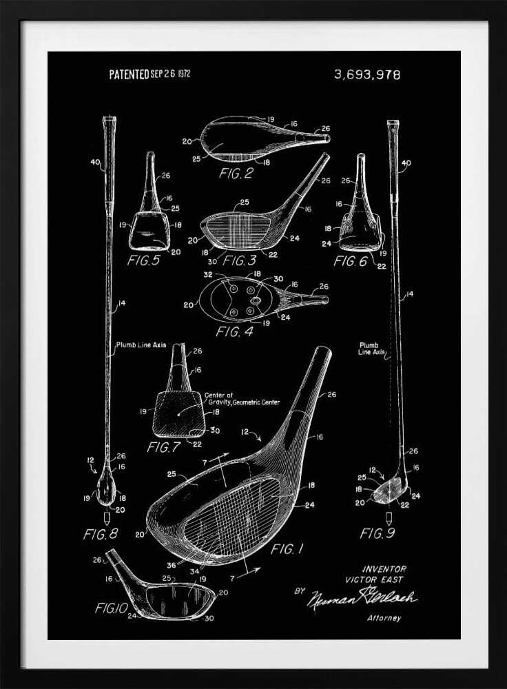 A framed black and white patent illustration of a golf club, dated 1972. The poster displays multiple technical drawings of the club head and shaft from various angles, labeled with figure numbers and part identifiers against a black background. Artwork