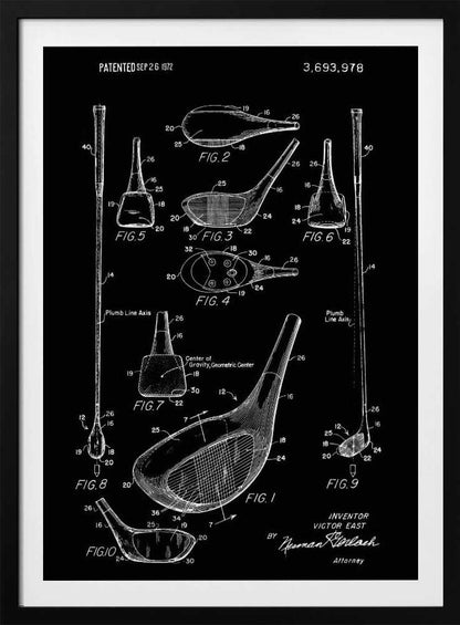 A framed black and white patent illustration of a golf club, dated 1972. The poster displays multiple technical drawings of the club head and shaft from various angles, labeled with figure numbers and part identifiers against a black background. Artwork
