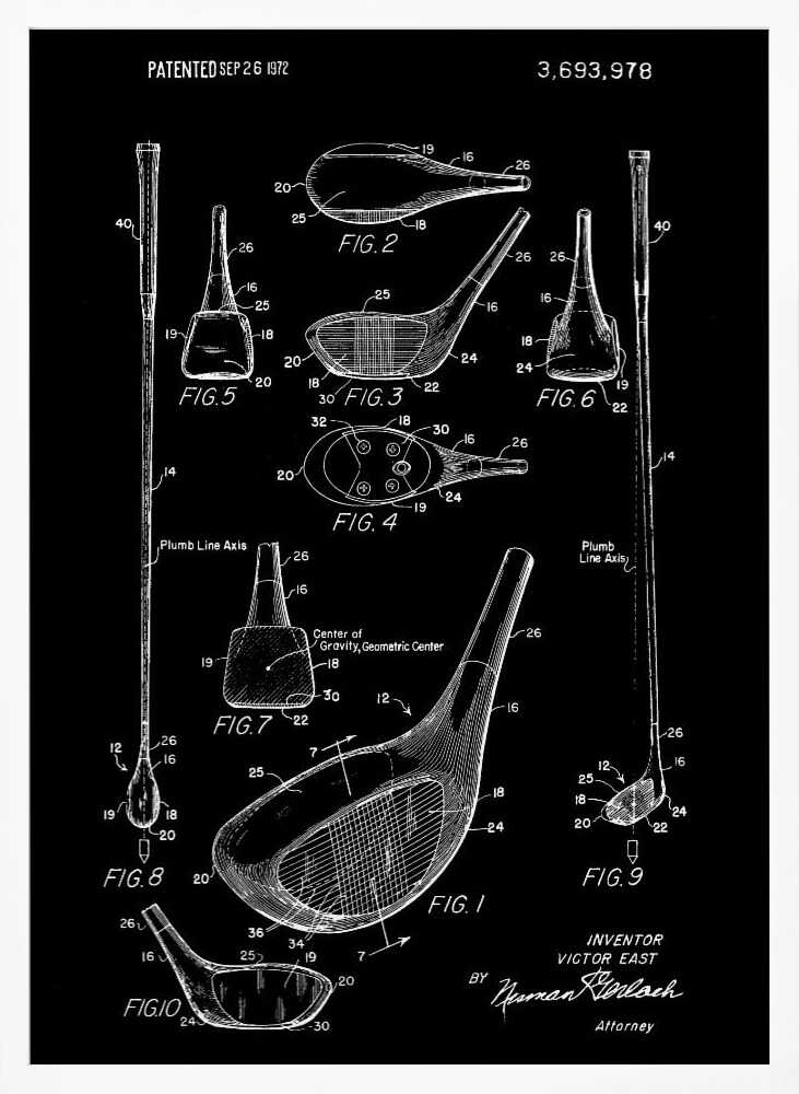 A framed black and white patent illustration of a golf club, dated 1972. The poster displays multiple technical drawings of the club head and shaft from various angles, labeled with figure numbers and part identifiers against a black background. Artwork