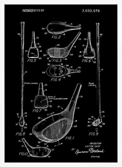 A framed black and white patent illustration of a golf club, dated 1972. The poster displays multiple technical drawings of the club head and shaft from various angles, labeled with figure numbers and part identifiers against a black background. Artwork