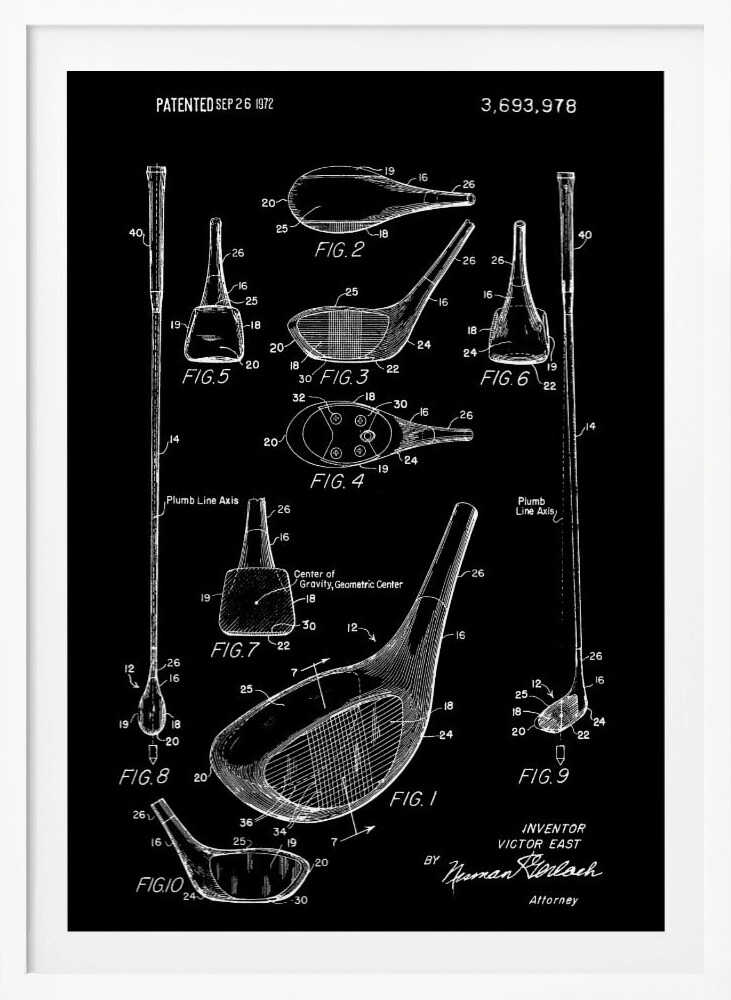 A framed black and white patent illustration of a golf club, dated 1972. The poster displays multiple technical drawings of the club head and shaft from various angles, labeled with figure numbers and part identifiers against a black background. Artwork