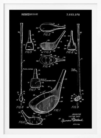 A framed black and white patent illustration of a golf club, dated 1972. The poster displays multiple technical drawings of the club head and shaft from various angles, labeled with figure numbers and part identifiers against a black background. Artwork