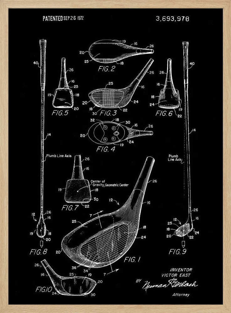 A framed black and white patent illustration of a golf club, dated 1972. The poster displays multiple technical drawings of the club head and shaft from various angles, labeled with figure numbers and part identifiers against a black background. Artwork