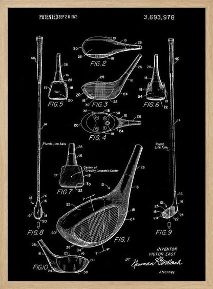 A framed black and white patent illustration of a golf club, dated 1972. The poster displays multiple technical drawings of the club head and shaft from various angles, labeled with figure numbers and part identifiers against a black background. Artwork