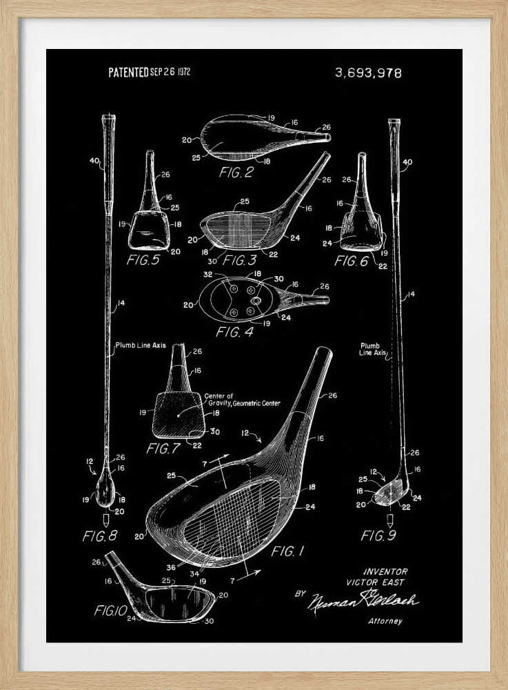 A framed black and white patent illustration of a golf club, dated 1972. The poster displays multiple technical drawings of the club head and shaft from various angles, labeled with figure numbers and part identifiers against a black background. Artwork