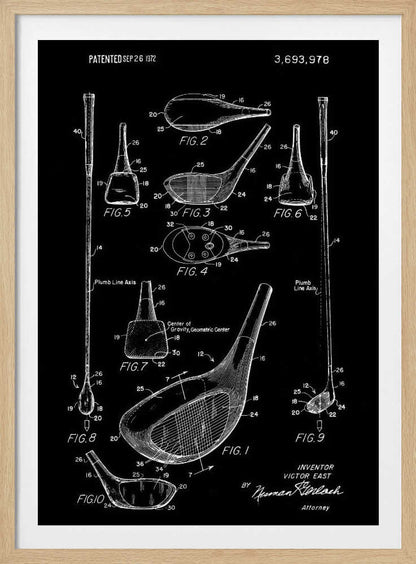 A framed black and white patent illustration of a golf club, dated 1972. The poster displays multiple technical drawings of the club head and shaft from various angles, labeled with figure numbers and part identifiers against a black background. Artwork
