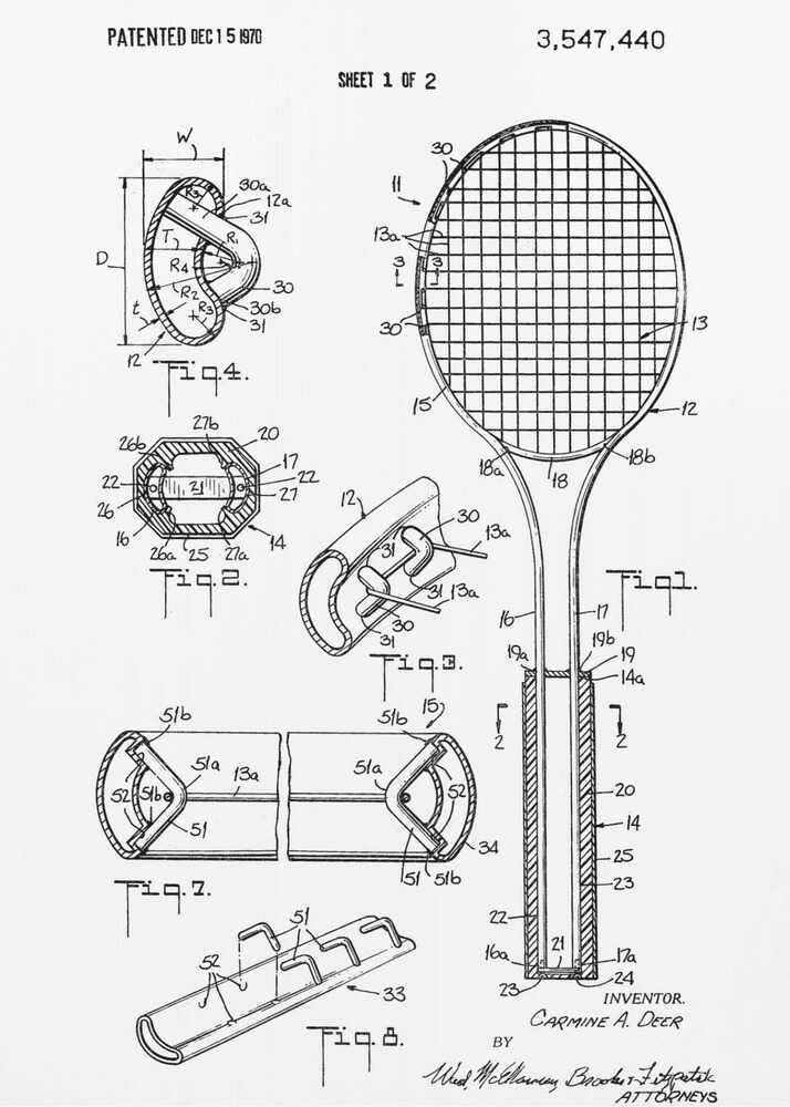 A framed black and white patent illustration for a tennis racket from 1970. The image displays multiple technical drawings and diagrams, including a full view of the racket and several cross-sections detailing its construction. Print