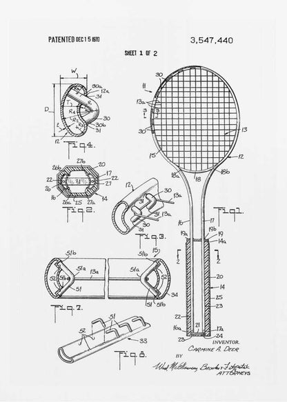 A framed black and white patent illustration for a tennis racket from 1970. The image displays multiple technical drawings and diagrams, including a full view of the racket and several cross-sections detailing its construction. Print