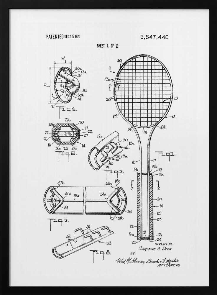 A framed black and white patent illustration for a tennis racket from 1970. The image displays multiple technical drawings and diagrams, including a full view of the racket and several cross-sections detailing its construction. Print