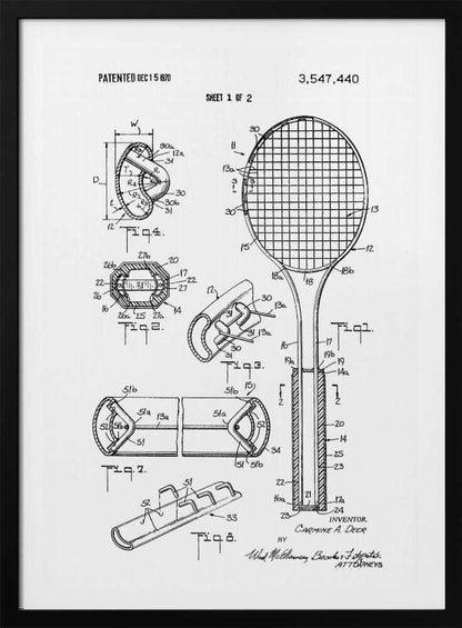 A framed black and white patent illustration for a tennis racket from 1970. The image displays multiple technical drawings and diagrams, including a full view of the racket and several cross-sections detailing its construction. Print