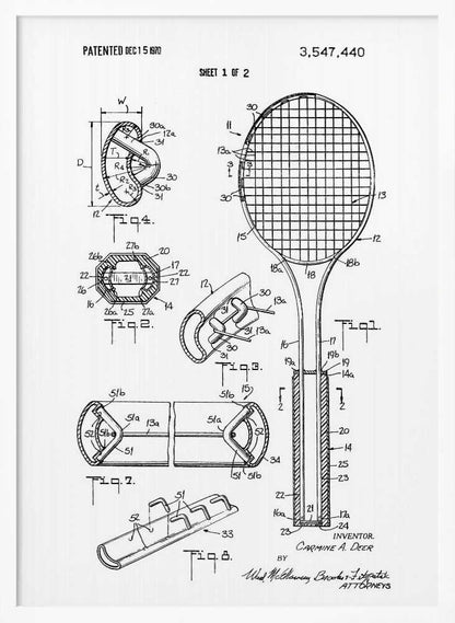 A framed black and white patent illustration for a tennis racket from 1970. The image displays multiple technical drawings and diagrams, including a full view of the racket and several cross-sections detailing its construction. Print