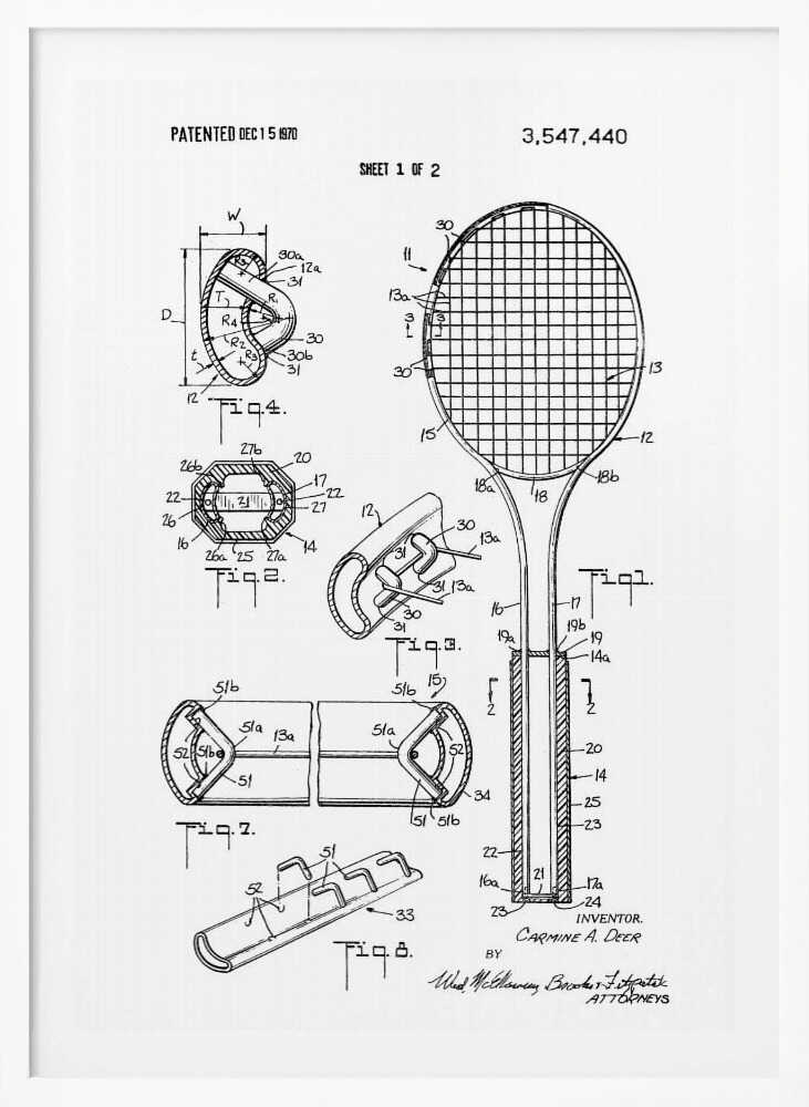 A framed black and white patent illustration for a tennis racket from 1970. The image displays multiple technical drawings and diagrams, including a full view of the racket and several cross-sections detailing its construction. Print