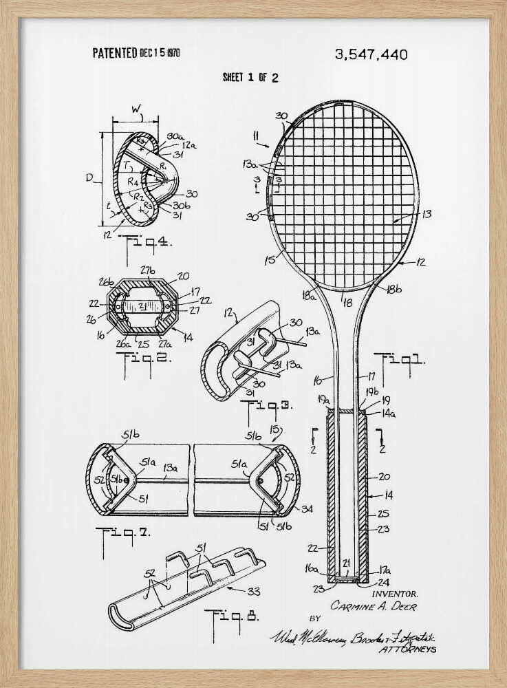 A framed black and white patent illustration for a tennis racket from 1970. The image displays multiple technical drawings and diagrams, including a full view of the racket and several cross-sections detailing its construction. Print