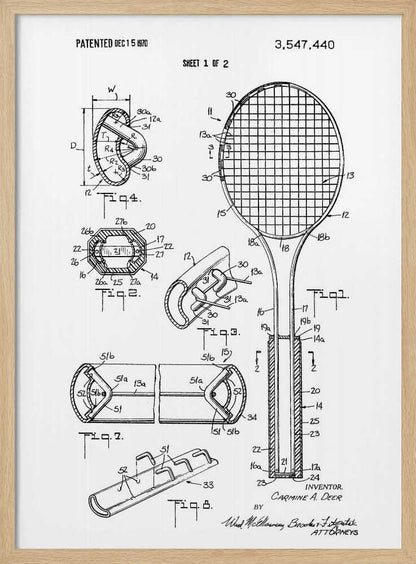 A framed black and white patent illustration for a tennis racket from 1970. The image displays multiple technical drawings and diagrams, including a full view of the racket and several cross-sections detailing its construction. Print