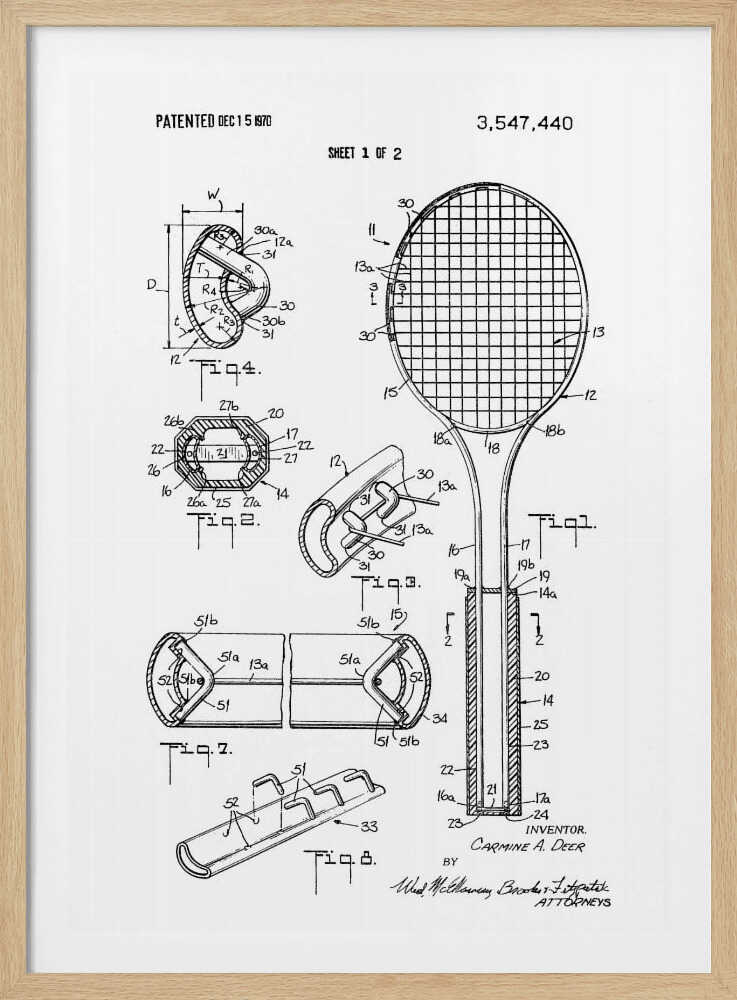 A framed black and white patent illustration for a tennis racket from 1970. The image displays multiple technical drawings and diagrams, including a full view of the racket and several cross-sections detailing its construction. Print