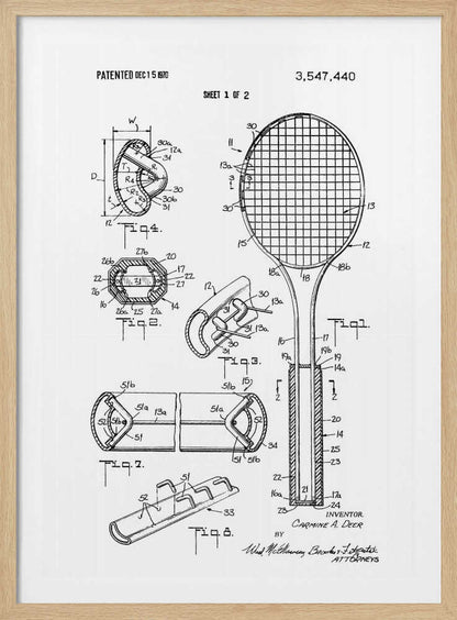 A framed black and white patent illustration for a tennis racket from 1970. The image displays multiple technical drawings and diagrams, including a full view of the racket and several cross-sections detailing its construction. Print