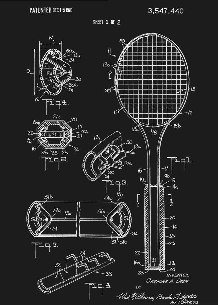 A framed patent illustration for a tennis racket, presented in a blueprint style with white lines and text on a black background. The poster displays various technical diagrams of the racket's components, including a full view and several cross-sections, with labels and patent information dated 1970. Poster