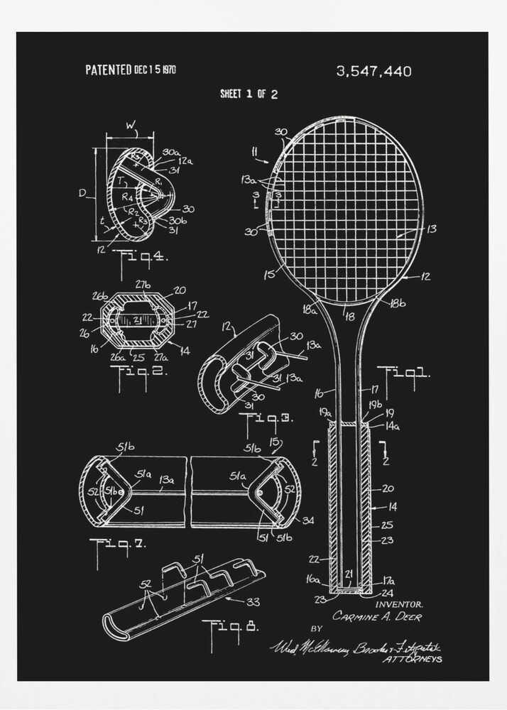 A framed patent illustration for a tennis racket, presented in a blueprint style with white lines and text on a black background. The poster displays various technical diagrams of the racket's components, including a full view and several cross-sections, with labels and patent information dated 1970. Poster