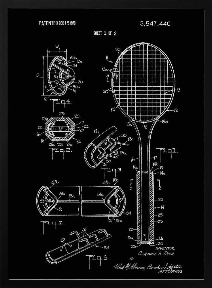 A framed patent illustration for a tennis racket, presented in a blueprint style with white lines and text on a black background. The poster displays various technical diagrams of the racket's components, including a full view and several cross-sections, with labels and patent information dated 1970. Poster