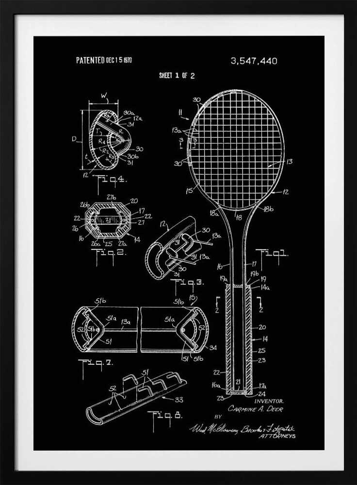 A framed patent illustration for a tennis racket, presented in a blueprint style with white lines and text on a black background. The poster displays various technical diagrams of the racket's components, including a full view and several cross-sections, with labels and patent information dated 1970. Poster