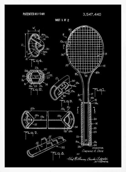 A framed patent illustration for a tennis racket, presented in a blueprint style with white lines and text on a black background. The poster displays various technical diagrams of the racket's components, including a full view and several cross-sections, with labels and patent information dated 1970. Poster