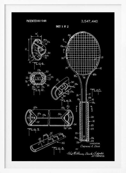 A framed patent illustration for a tennis racket, presented in a blueprint style with white lines and text on a black background. The poster displays various technical diagrams of the racket's components, including a full view and several cross-sections, with labels and patent information dated 1970. Poster