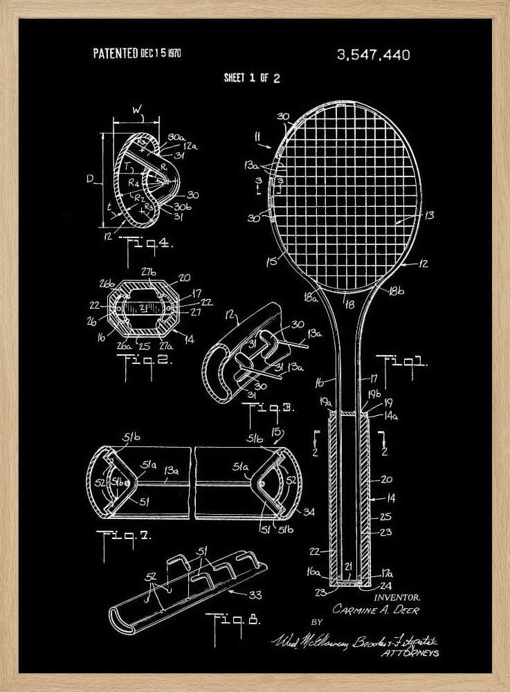 A framed patent illustration for a tennis racket, presented in a blueprint style with white lines and text on a black background. The poster displays various technical diagrams of the racket's components, including a full view and several cross-sections, with labels and patent information dated 1970. Poster