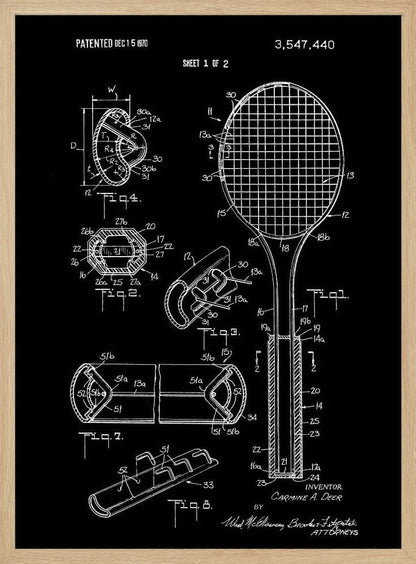A framed patent illustration for a tennis racket, presented in a blueprint style with white lines and text on a black background. The poster displays various technical diagrams of the racket's components, including a full view and several cross-sections, with labels and patent information dated 1970. Poster