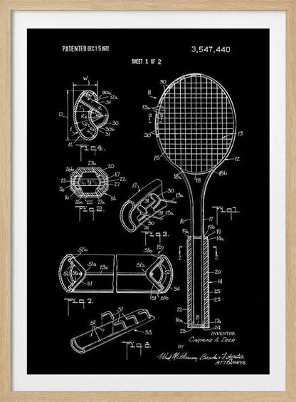 A framed patent illustration for a tennis racket, presented in a blueprint style with white lines and text on a black background. The poster displays various technical diagrams of the racket's components, including a full view and several cross-sections, with labels and patent information dated 1970. Poster