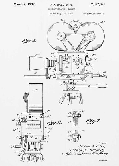 A framed black and white patent illustration for a cinematographic camera, dated March 2, 1937. The detailed technical drawing shows various views of a vintage movie camera on a tripod, with labels and figures. Artwork