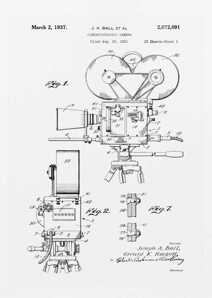 A framed black and white patent illustration for a cinematographic camera, dated March 2, 1937. The detailed technical drawing shows various views of a vintage movie camera on a tripod, with labels and figures. Artwork
