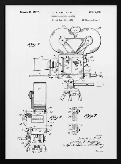 A framed black and white patent illustration for a cinematographic camera, dated March 2, 1937. The detailed technical drawing shows various views of a vintage movie camera on a tripod, with labels and figures. Artwork