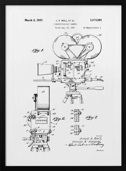 A framed black and white patent illustration for a cinematographic camera, dated March 2, 1937. The detailed technical drawing shows various views of a vintage movie camera on a tripod, with labels and figures. Artwork