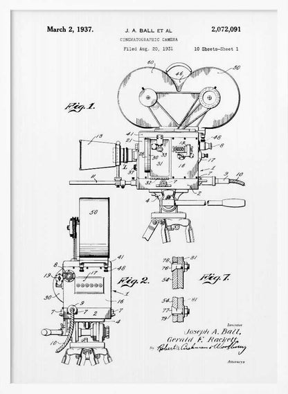A framed black and white patent illustration for a cinematographic camera, dated March 2, 1937. The detailed technical drawing shows various views of a vintage movie camera on a tripod, with labels and figures. Artwork